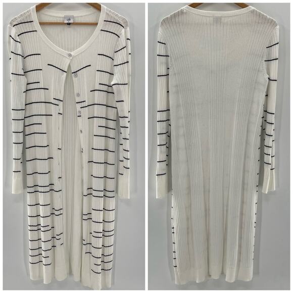 Cabi #5638 Dashes Ribbed White Black Stripe Cardigan Duster Sweater Size Medium - Picture 2 of 12